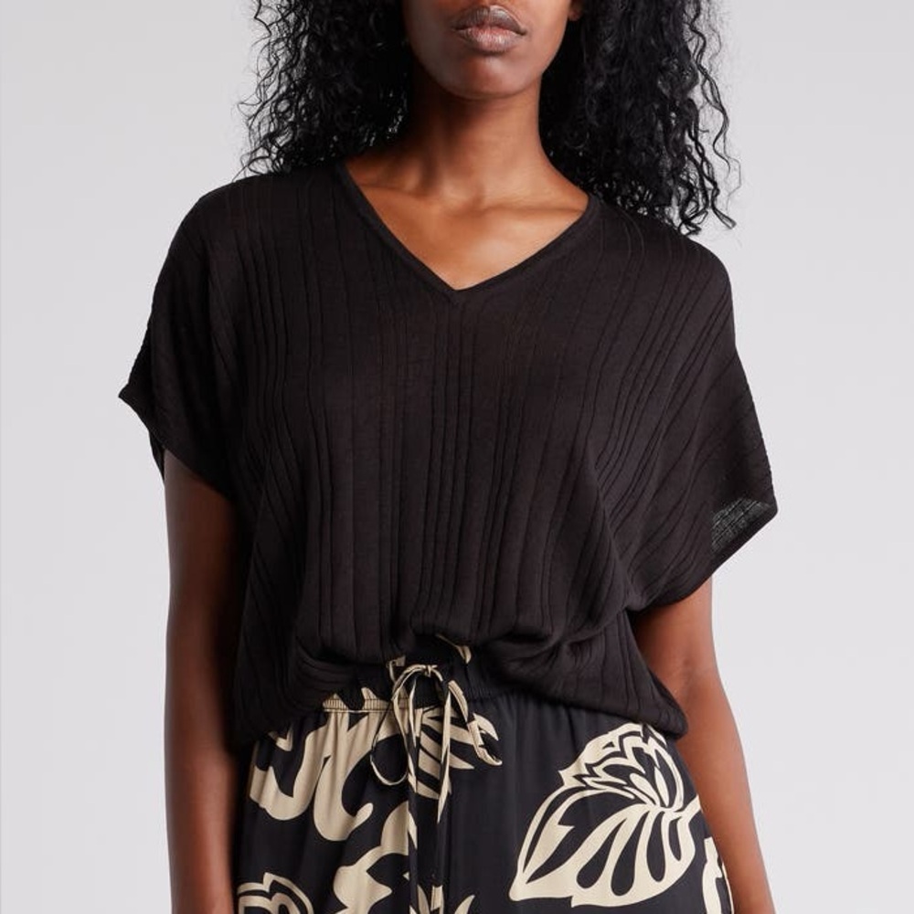Adrianna Papell V-Neck Vertical Rib Sweater